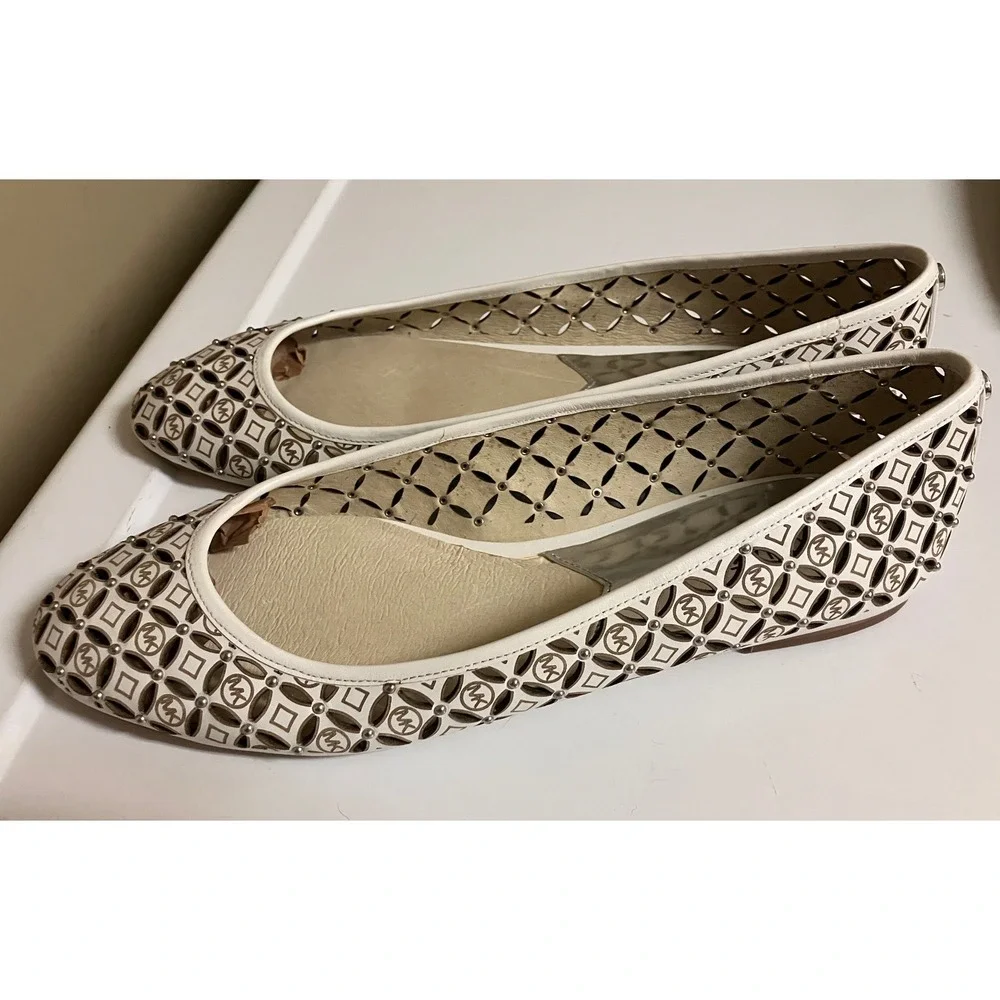 Michael‎ Kors Womens White Leather Laser Cut Studded Ballet Flats 10M PW13K